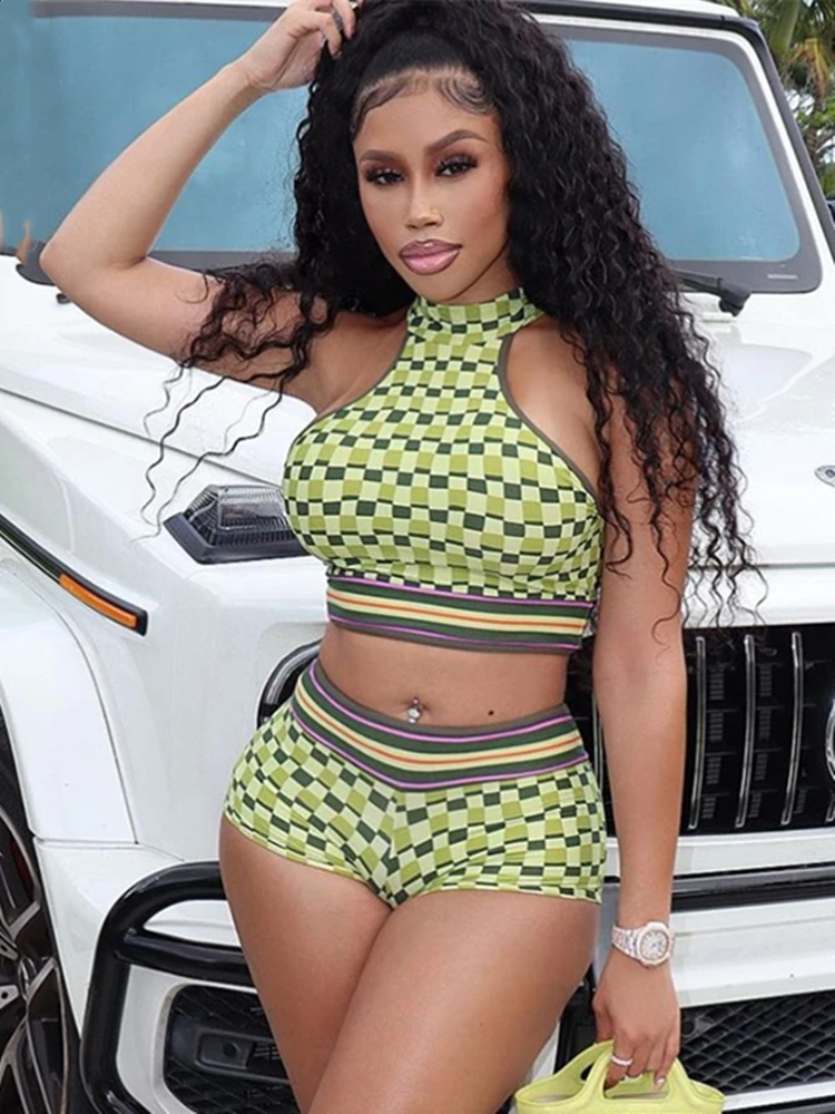 

Sisterlinda Geometric Print Women 2 Piece Tracksuit Set Sleeveless O-Neck Sporty Tank Top+Shorts Elastic Skinny Matching Outfits