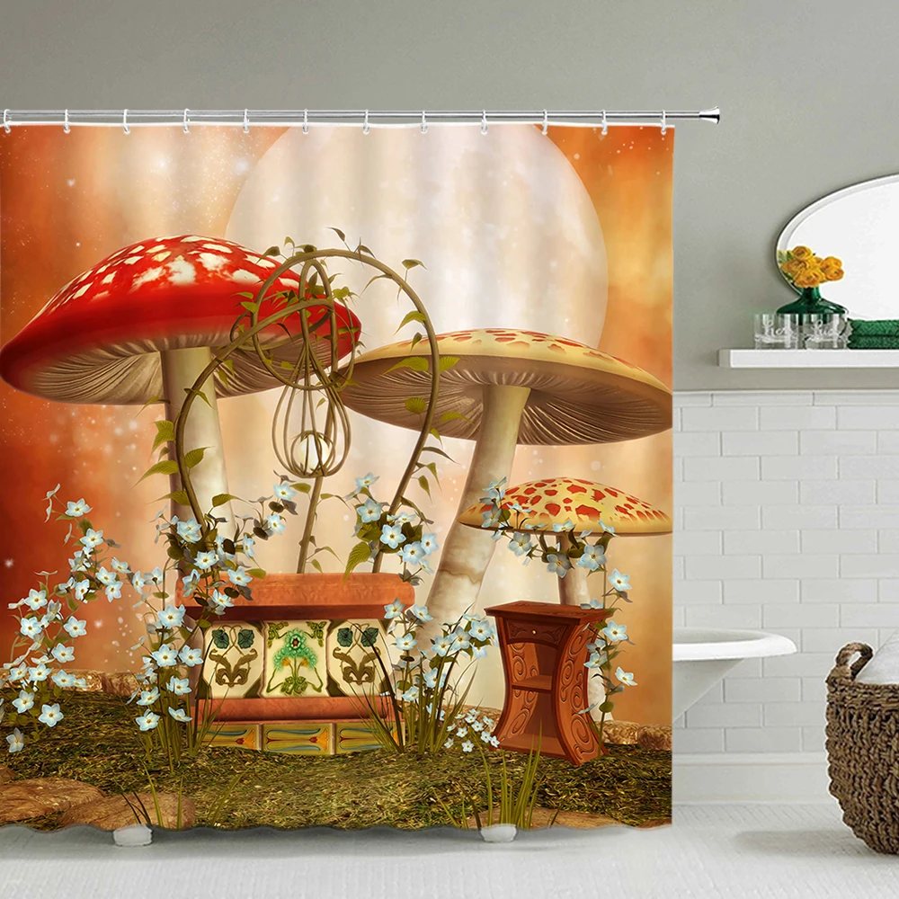 

3D Cartoon Fantasy Shower Curtain Forest Tree Moon Green Plant Mushroom Flower Scenery Bath Curtains Bathroom Waterproof Screens