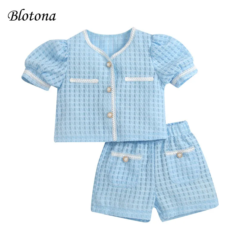 

Blotona Girls Elegant Outfit, Little Girl Textured Pattern Lace Trim Pearls Buttons Short Puff Sleeve Tops Shorts, 2-7Years
