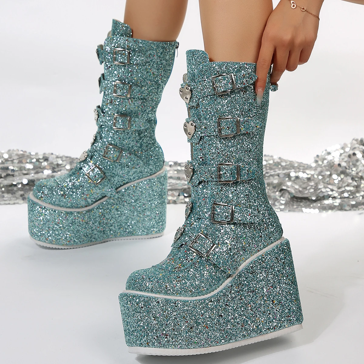 

Brand Design plus Size 43 Black Gothic Style Cool Punk Motorcycles Boots Female Platform Wedges High Heels Calf Boots Women Shoe