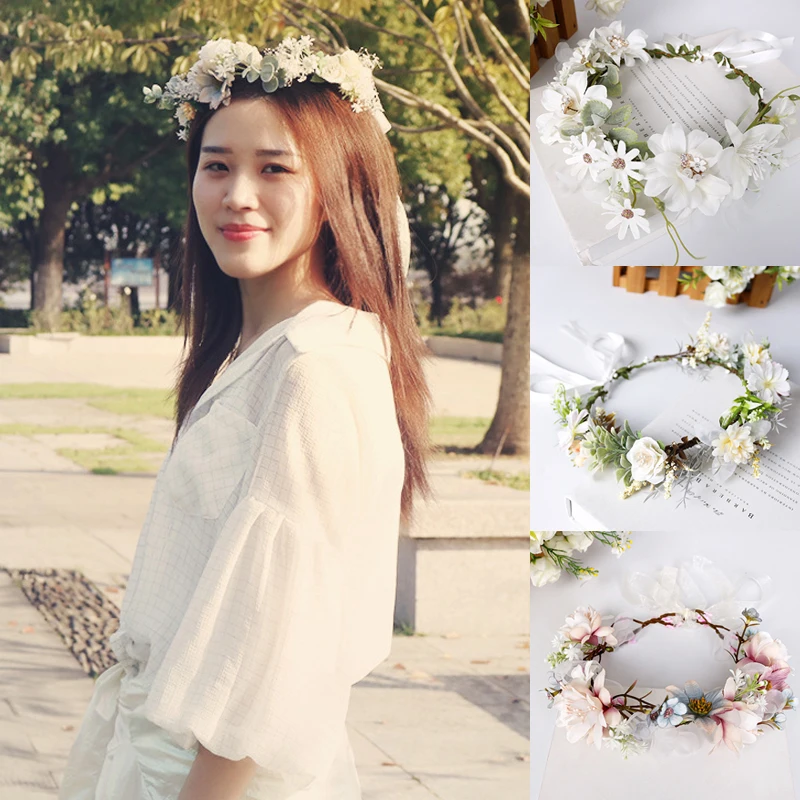 

Bridal Wreath Simulation Flower Women Headdress Headwrap Hairhoop Hair Accessories Wedding Decoration Bridal Wreath With Ribbon
