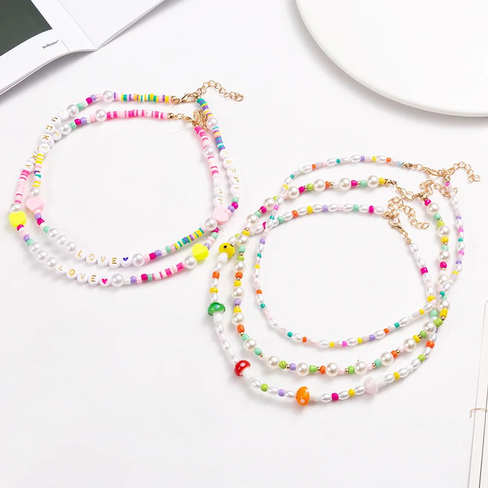 

Summer Rainbow Korean Trendy Simulated Pearl Choker Necklace For Women Bohemian HAPPY LOVE Letters Cute Bead Collar Jewelry