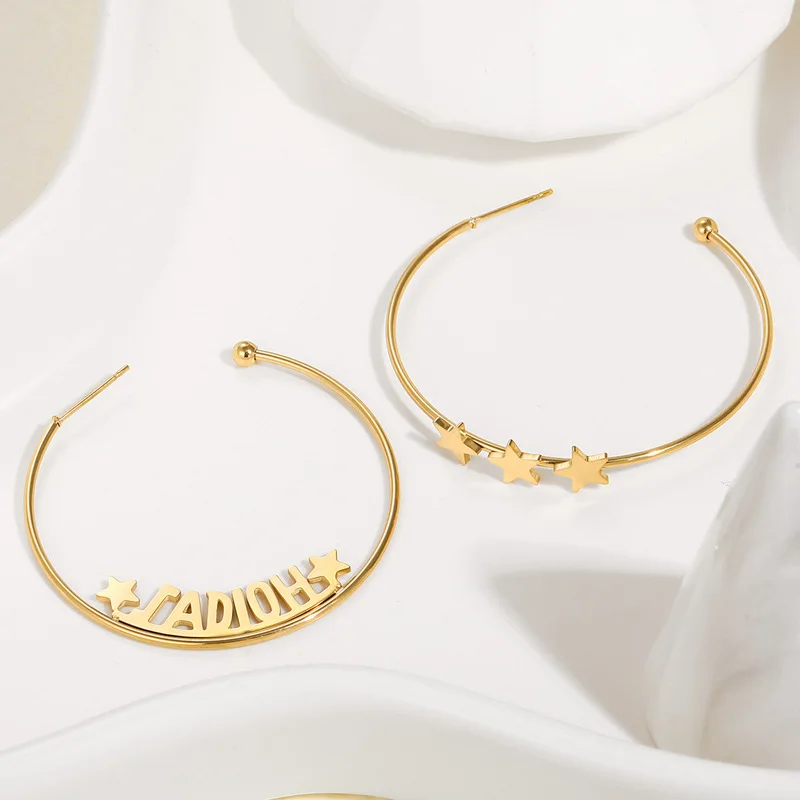 

Ушное кольцо с пятиконечными звездами из нержавеющей стали с покрытием из настоящего золота 14 к, модные серьги с буквами типа C и минимальны...