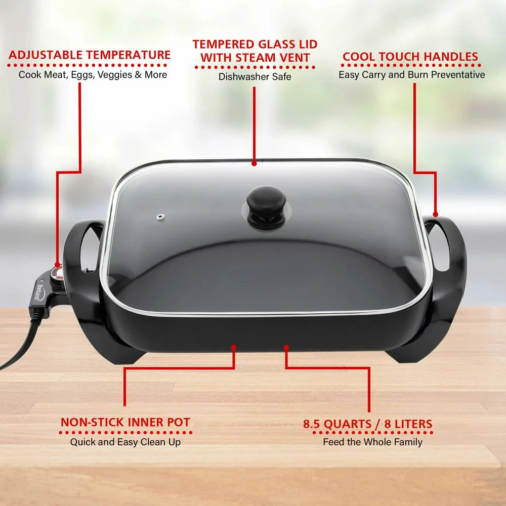 

Electric Skillet with Glass Lid - Non-Stick, Adjustable Temperature, Black