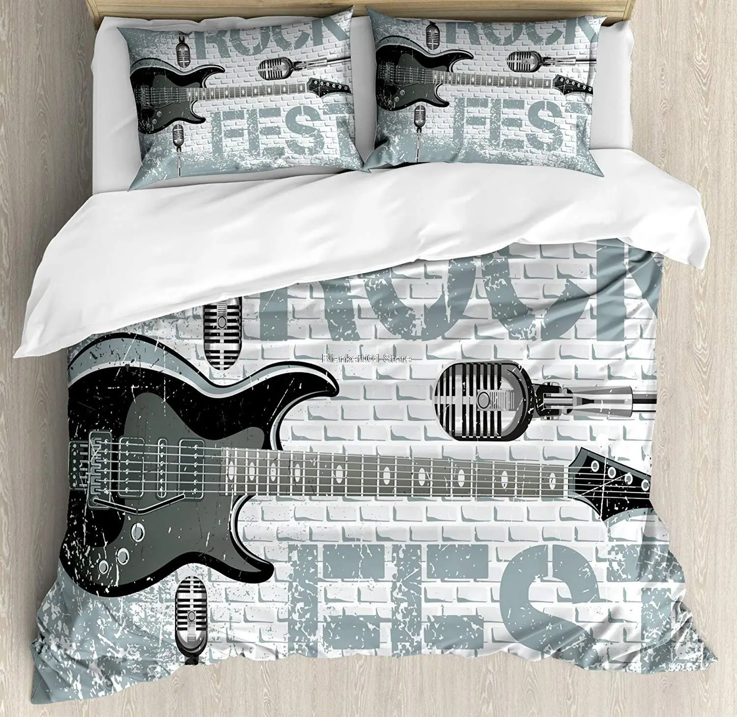 

Rock Music Duvet Cover Set Grunge Color Splashed Brick Wall Background Electronic Guitar Mics Design Decorative 3 Piece Bedding
