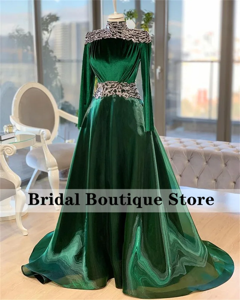 

Emerald Green Muslim Arabic Evening Dress Elegant Long Sleeve Beaded Dubai Formal Dresses for Women Wedding Party Gowns