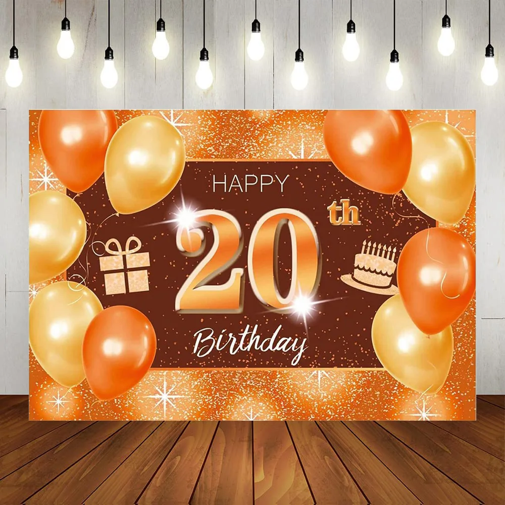 

Happy 20th Birthday party Backdrop Banner Decor Orange Dot Glitter Sparkle Twenty Years Old Theme Decorations Boy Girl Supplies