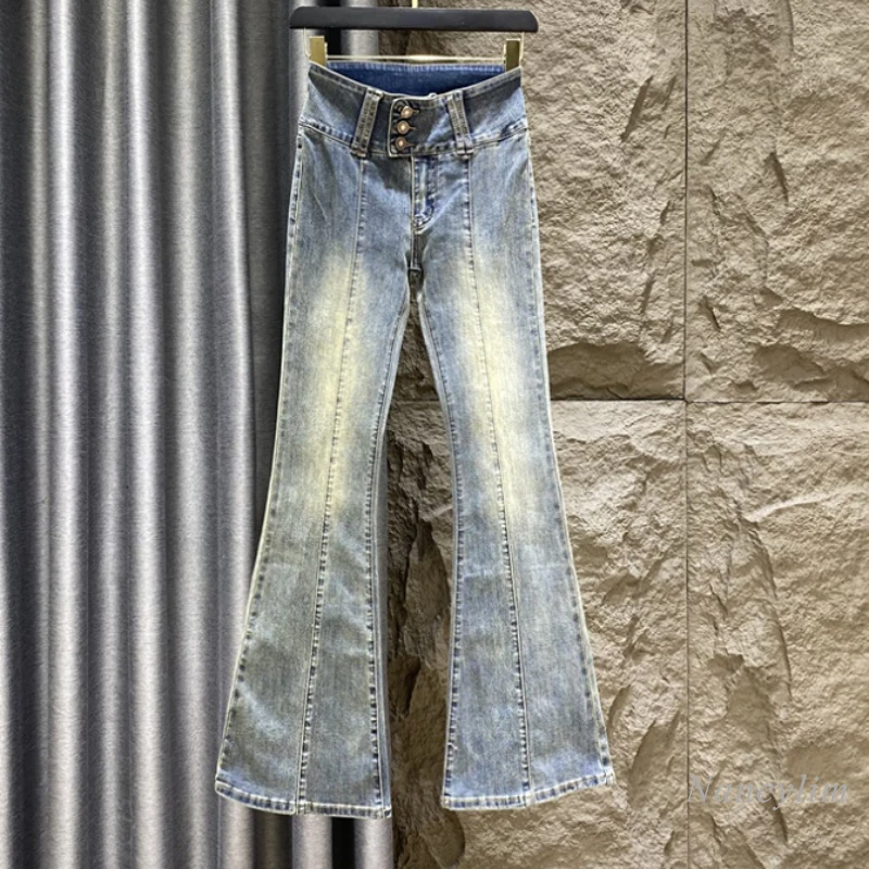 

Retro High Waist Loose Elastic Skinny Jeans for Women 2022 Summer Autumn Slim Flared Trousers Village Blue Denim Pants