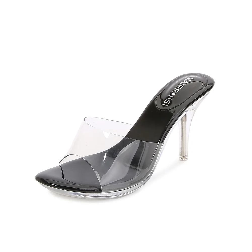 

Women High Heel Slipper 8cm Crystal Mid-heel Transparent Casual Fashion High Quality Brand Large Size 35-43