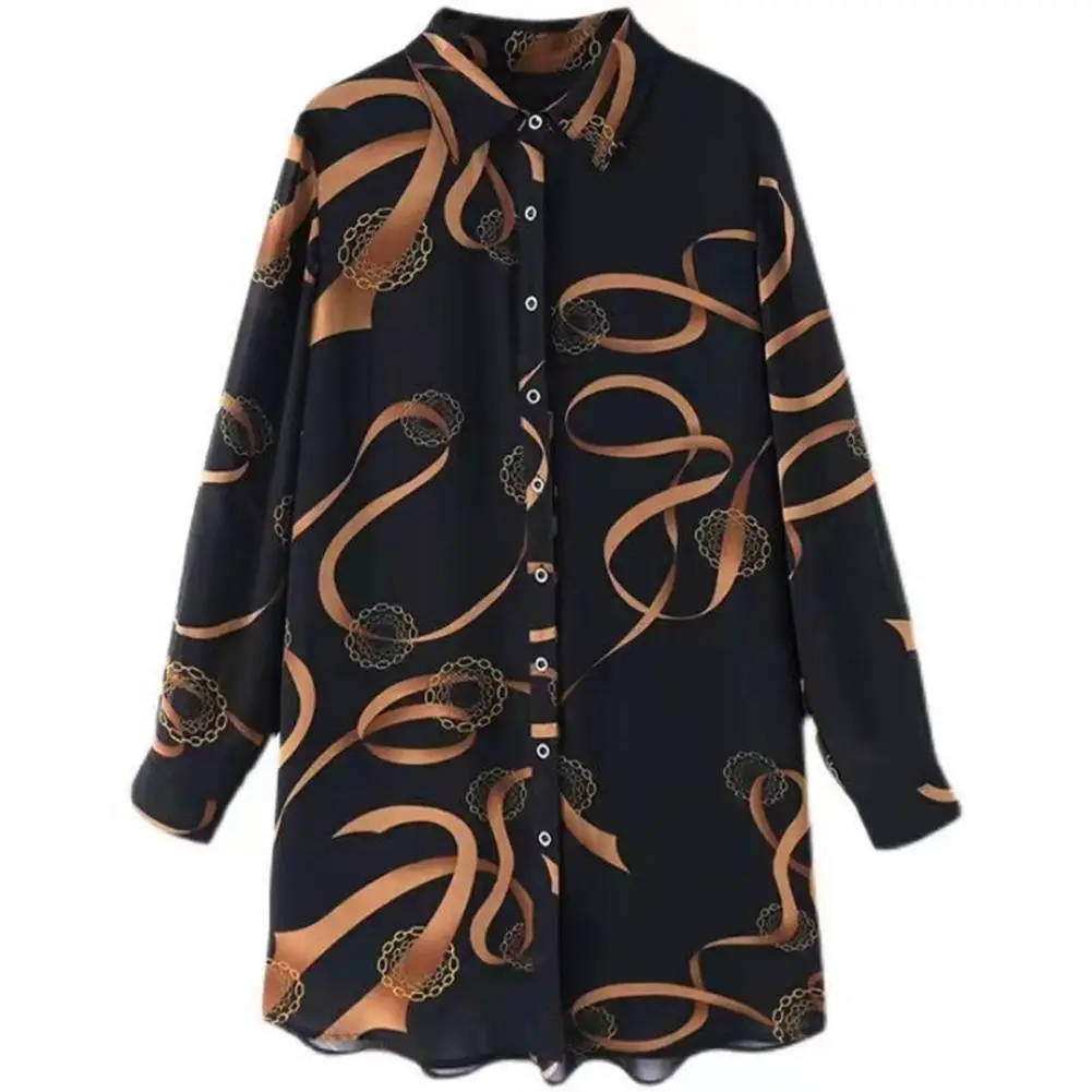 

Mid-length Shirt Lapel Women Shirt Loose Printing Mid-length Tops