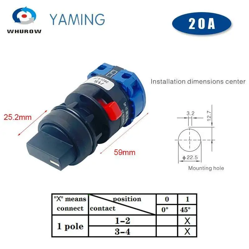 

LW26-20S Монтажный размер с одним отверстием 22 мм Поворотный кулачковый переключатель 20А Главный селектор Серебряный контакт YMW26