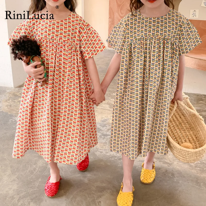 

RiniLucia Girls Casual Dresses 2022 New Summer Korean Kids Baby Full Print Costumes O-neck Party Birthday Princess Vestidos