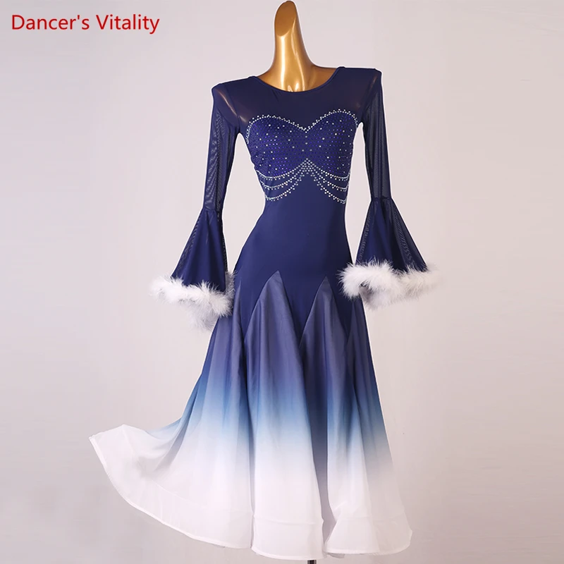

Women National Standard Modern Dance Dress Social Dance Performance Competition Cusomzied Adult Children Waltz Feather Skirt