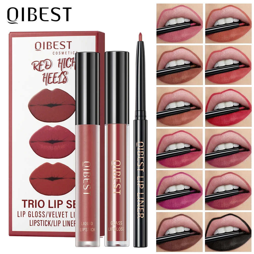 

QIBEST 2023 New 3pcs Liquid Lipstick + Lip Liner Set Makeup Nude Velvet Lip Gloss Lip Tint Long Lasting Lip Glaze Cosmetics Kit