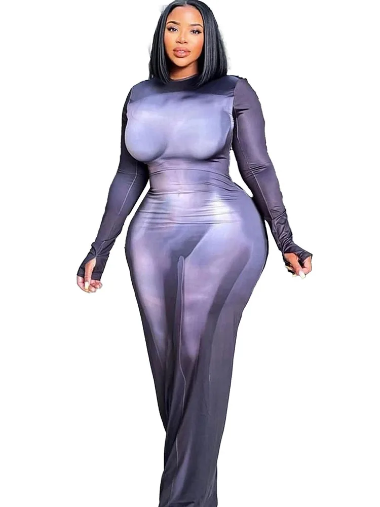 

Szkzk Print Bodycon Long Dresses For Women O-Neck Long Sleeve Night Club Birthday Party Clubwear Sexy Tight Black Maxi Dress