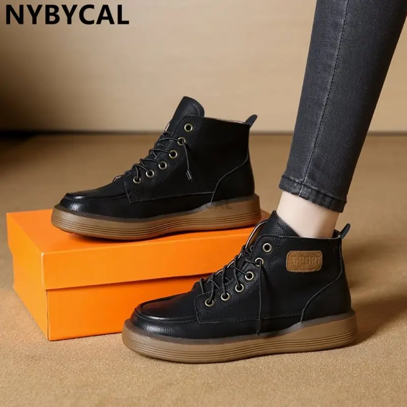 High Top Luxury Designer Women's Sneakers Genuine Cow Leather High Top Ladies Student Retro Fashion Flat Shoes New Handmade 40