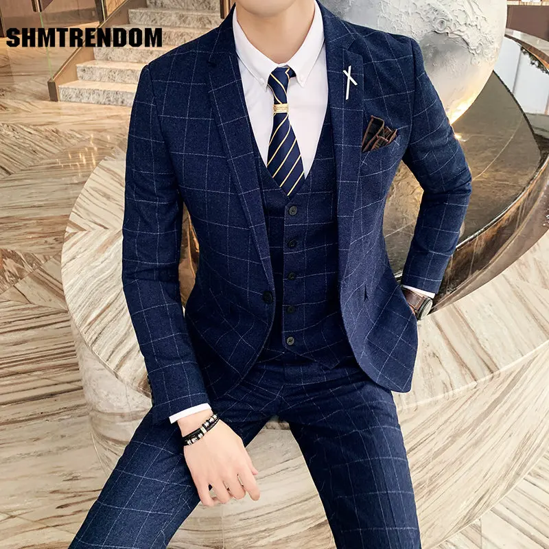 

Plus Size S-7XL (Blazer+Pants+Vest) Luxury Men Suit 3 Piece Set Fashion Boutique Lattice Groom Wedding Dress Men's Tuxedo Suit