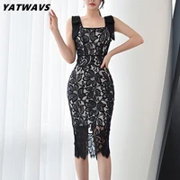 yatwavs 2022 new vintage summer chic work wear lace dress women sleeveless bow bodycon casual simple slim party pencil dresses