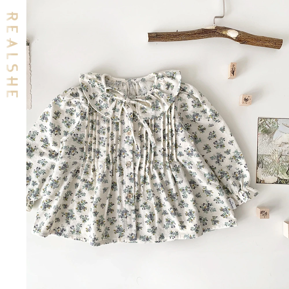 

2023 New Baby Girls Blouses Autumn Children Tops Sweet Toddler Shirt Clothes Girls Long Sleeve Floral Lapel Shirts
