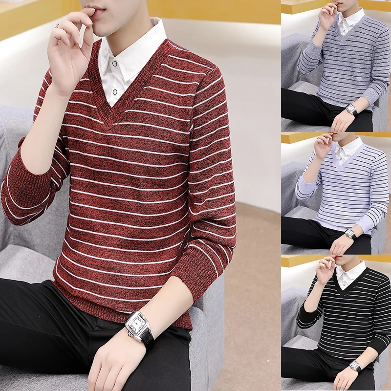 

Мужской пуловер в полоску, с длинным рукавом и воротником-рубашкой