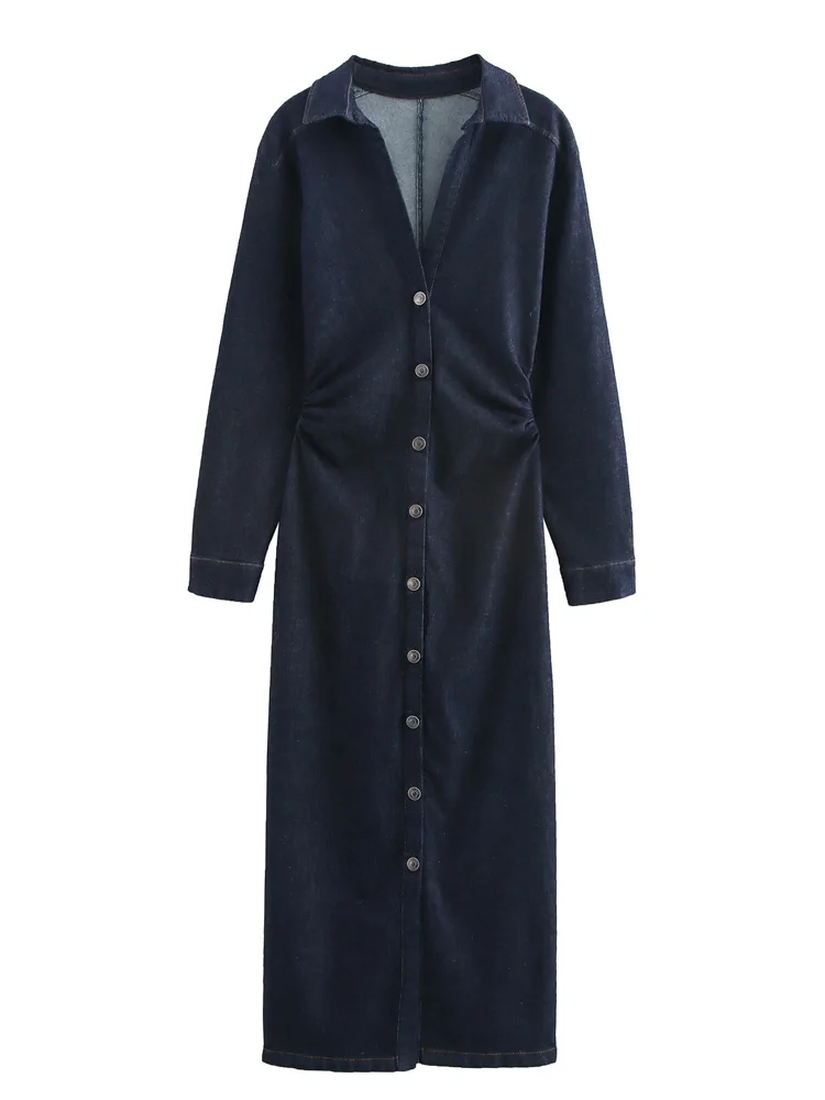 Женское джинсовое платье-рубашка средней длины с длинным рукавом