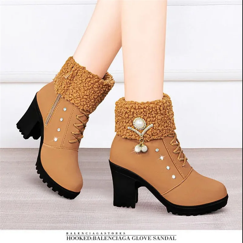

Women Cute Round Toe Brown Square Heel Boots Lady Leisure Spring & Autumn Comfort Warm Fur Heel Shoes Botas Femininas H15e