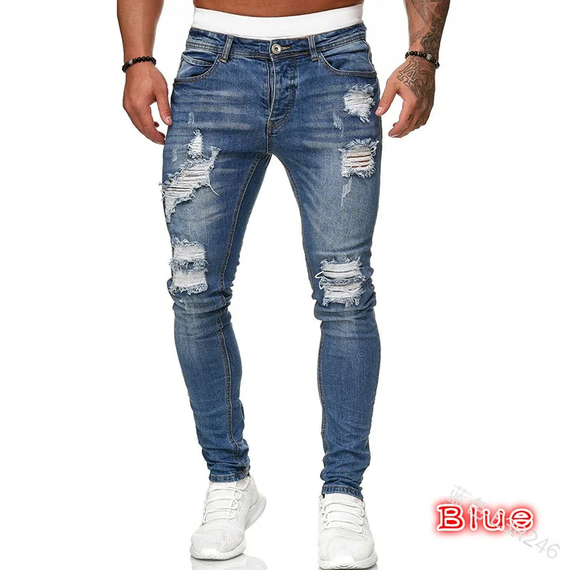 2023 New Denim Men's Pants Broken Trend Black Slim Jeans Small Feet
