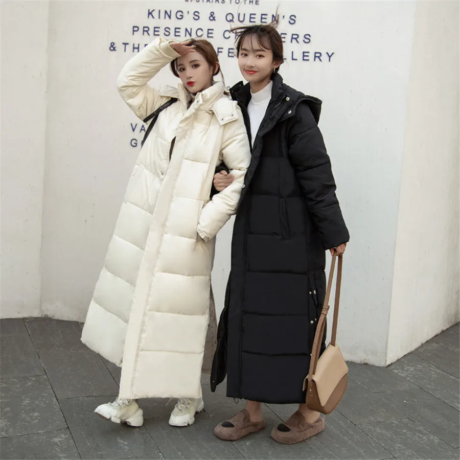 Winter Hooded Fluffy Down Cotton Long Coat Women Warm Thicken Basic Solid Casual Loose Parka Korean Windbreaker Snow Jacket 2022