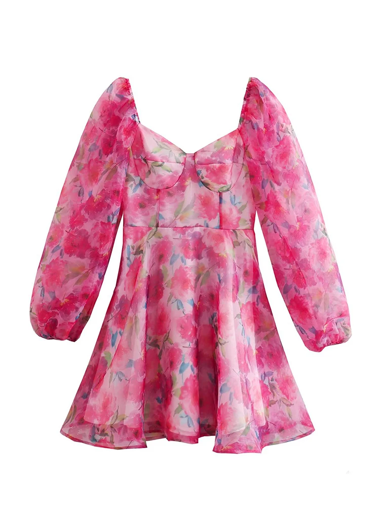 

YENKYE 2022 Fashion Women Multicolor Organza Dress Sexy Collar Long Sleeve Female Summer Short Dress A-line Vestido