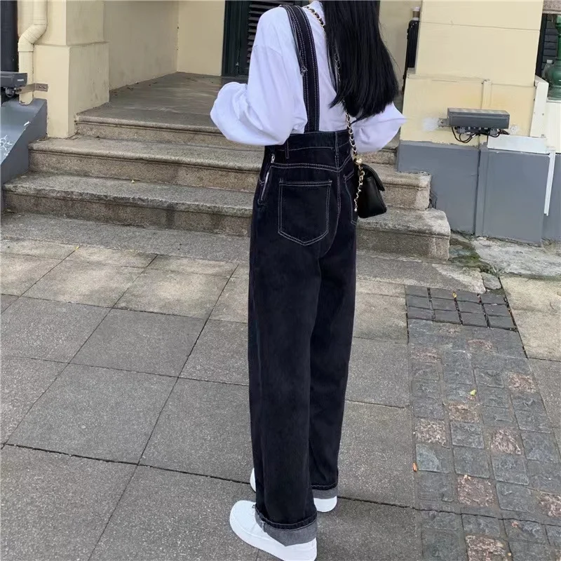 Женские джинсовые комбинезоны черные прямые с широкими штанинами уличная одежда