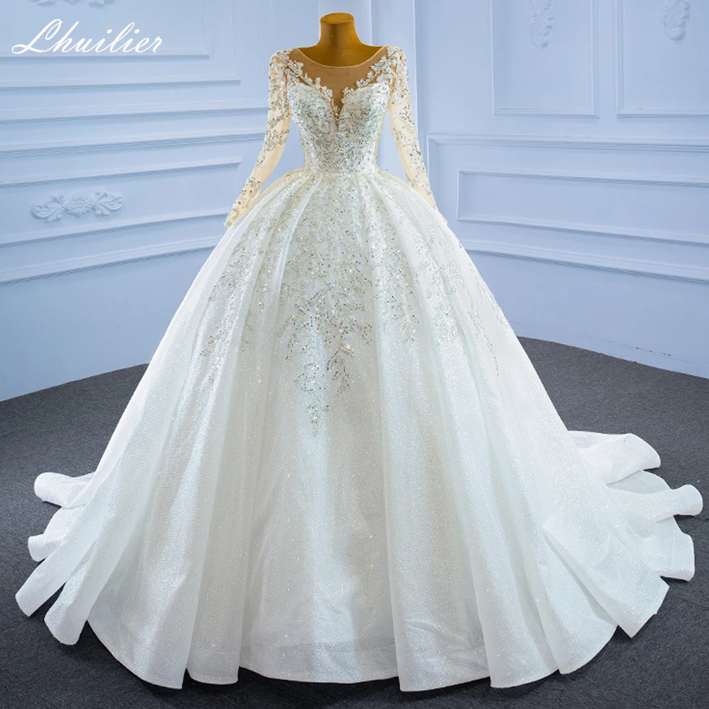 Lhuillier Customized Scoop Neck Ball Gown Wedding Dresses Floor Length Sequins Beaded Full Sleeves Bridal Dress with Court Train