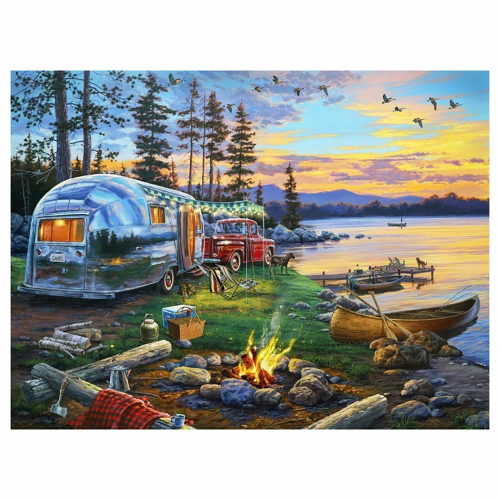 

5D Diamond Painting Happy Camping Landscape Splicing Set All Diamond Embroidery Scenery Mosaic Picture Closed Home Decor Gfit