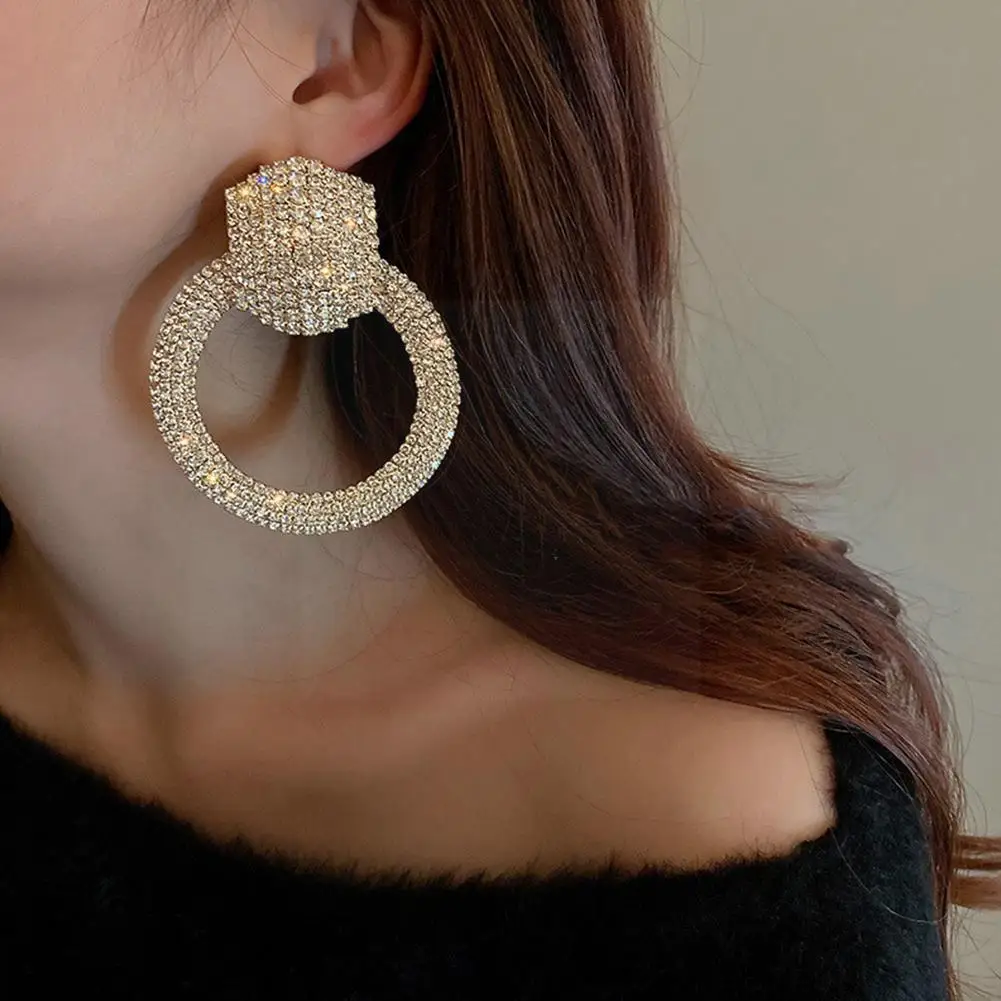 

Fashion Shiny Full Big Circle Pendant Earings For Women Korean Simple Geometric Crystal Dangle Earrings Party Je A2u5