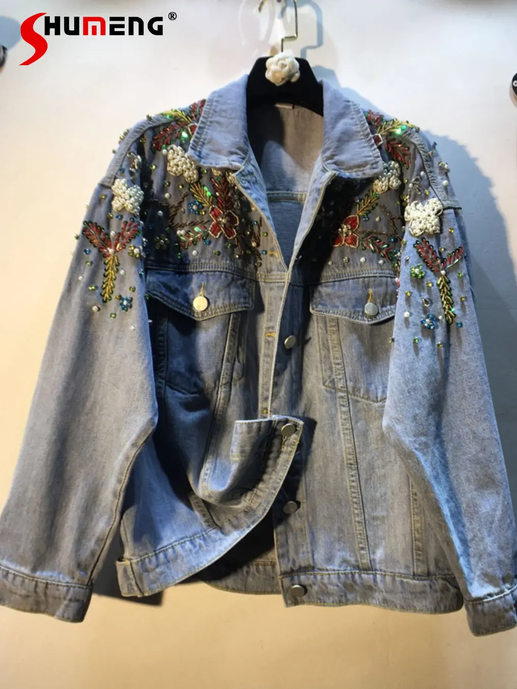 Street Exquisite Rhinestone Beaded Flower Loose Slimming Denim Jacket Top Women Single-Breasted Jean Coat 2023 Spring Clothing