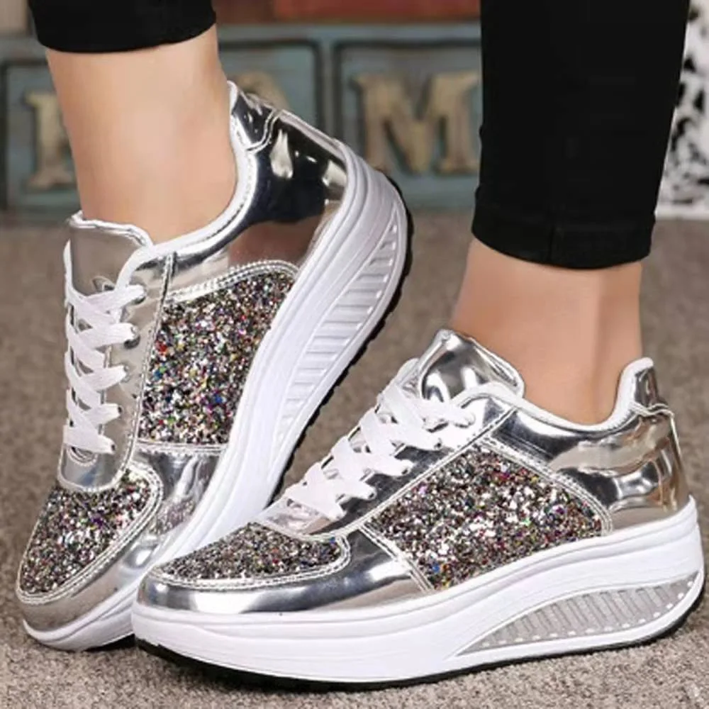 

Large Size Sequin Lace-up Thick-soled Shoes Women's 2022 Spring New Fashion Color-blocking Sports Casual Shoes Zapatos De Mujer