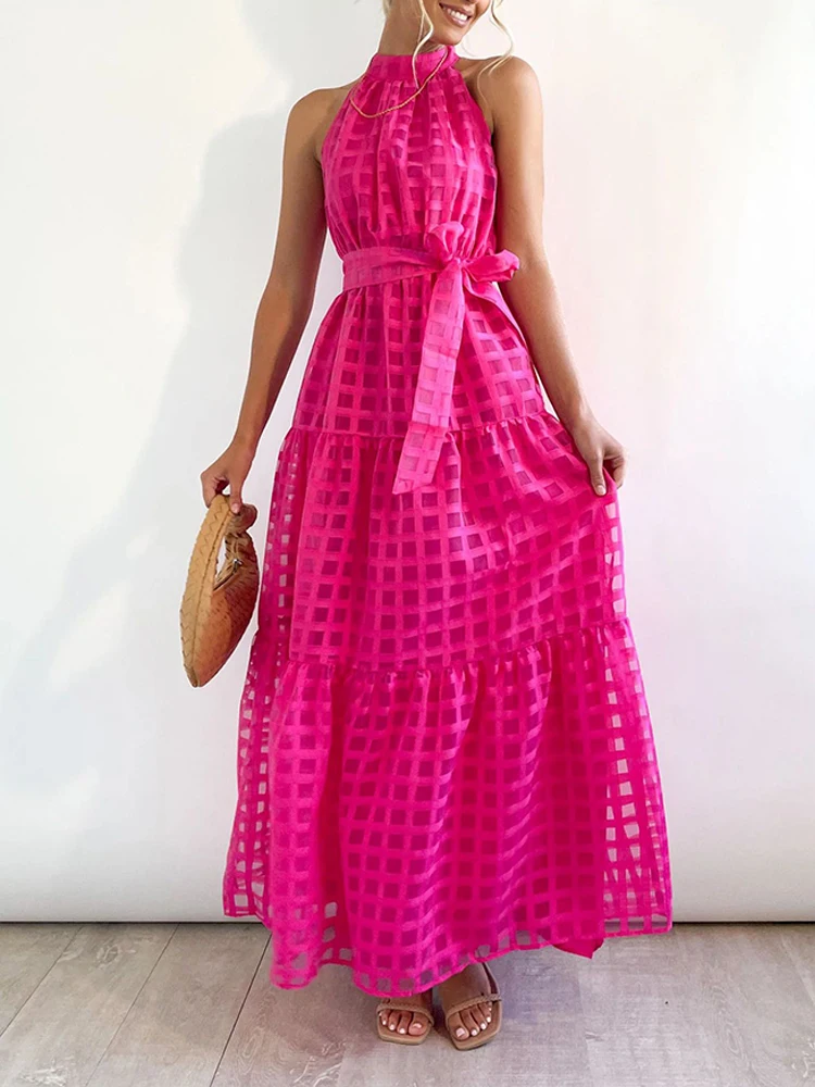 

Casual Macaron Color Stand Collar Sleeveless Tied Up Large Swing Mesh Dress for Women Elegant Party Maxi Dress