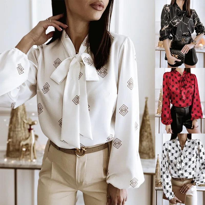 

2022 New Spring Printed Shirt for Women Long-sleeve Lace-up Pullover Shirts Casual Tops Elegant Work Wear Chiffon Blouse