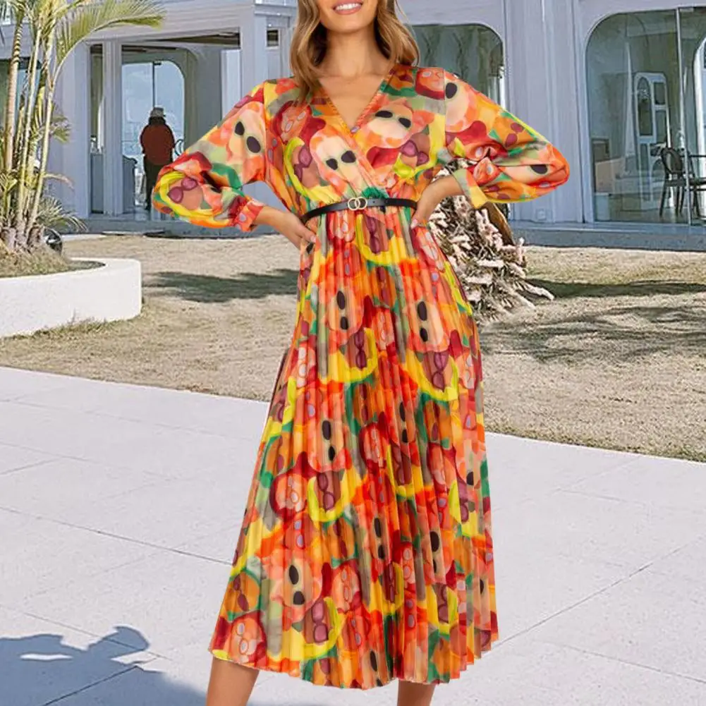 

V Neck Long Sleeves Waist Tight High-Waist Pleated Flowy Hem Autumn Dress Women Fashion Print Shirt Midi Dress Daily Clothing