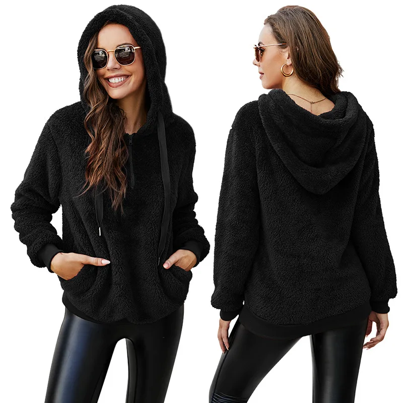 

Autumn and winter long sleeved zippered hooded collar solid color women's sweater sweater jacket with pockets