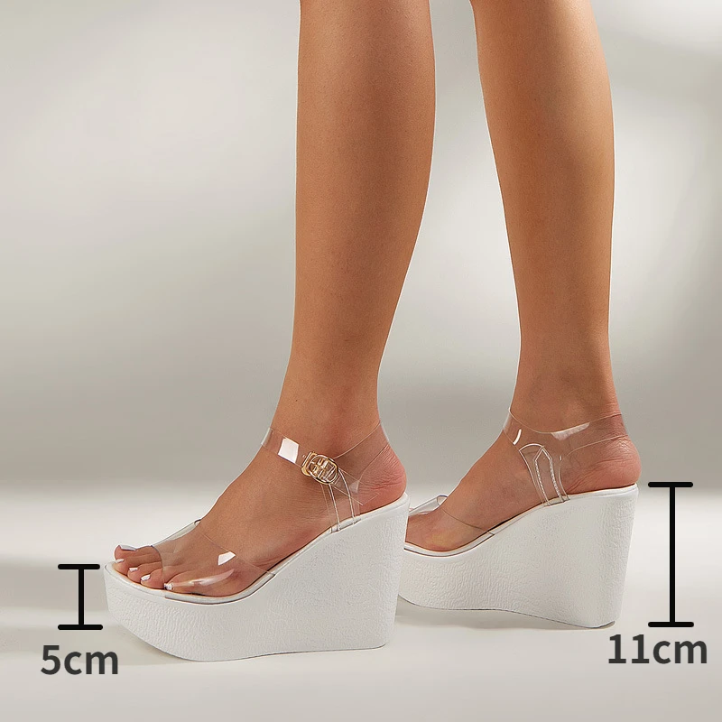 2023 Summer Platform Wedges Sandals for Women Clear PVC Open Toe Chunky High Heels Buckle Strap Fashion Famele Shoes 11cm