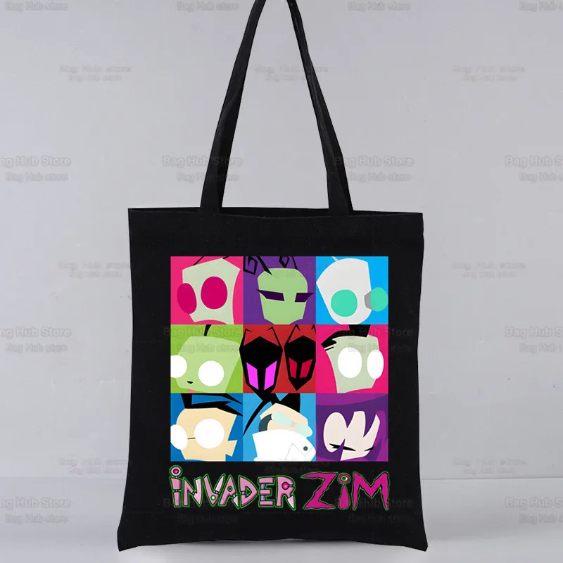 

Kawaii мультфильм Invader Zim Alien аниме женская сумка-шоппер Холщовая Сумка-тоут сумки через плечо сумка для покупок черная тканевая сумка эко