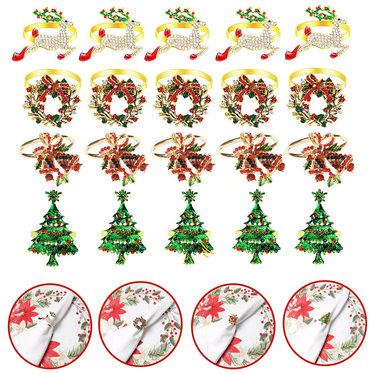

5Pcs Christmas Napkin Ring Set Wreath Xmas Tree Elk Bell Napkin Buckles Metal Napkin Holder Table Decor for Navidad Thanksgiving