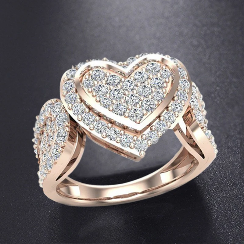 

Luxury Fashion Rose Gold Color Love Heart Inlaid Full Circle Crystal Rings for Women Engagement Ring Jewelry Whole Sale