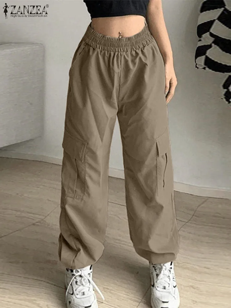 

Женские однотонные длинные спортивные брюки ZANZEA, модные брюки с эластичной талией, уличные стильные брюки с карманами, повседневные свобод...