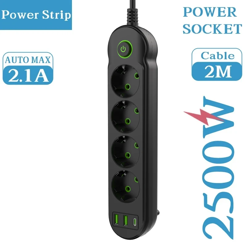 F14U F20U Вилка европейского стандарта удлинитель 2 м 4/8 розетки переменного тока