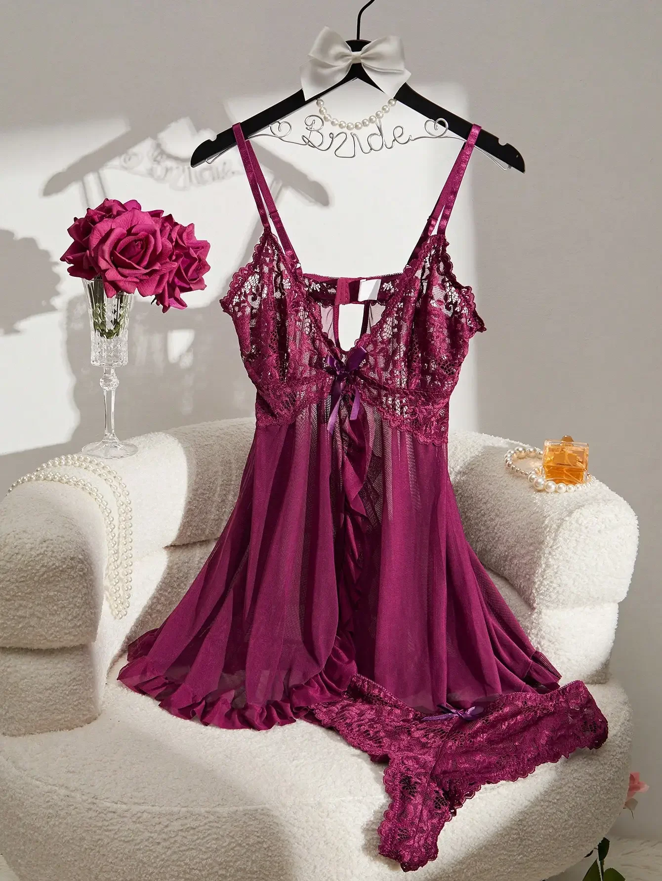 Contrast Lace Nightgown Deep V Backless Bow Slip Dress Women's Sleepwear Ruffle Trim Babydoll Sexy Lingerie With Thong