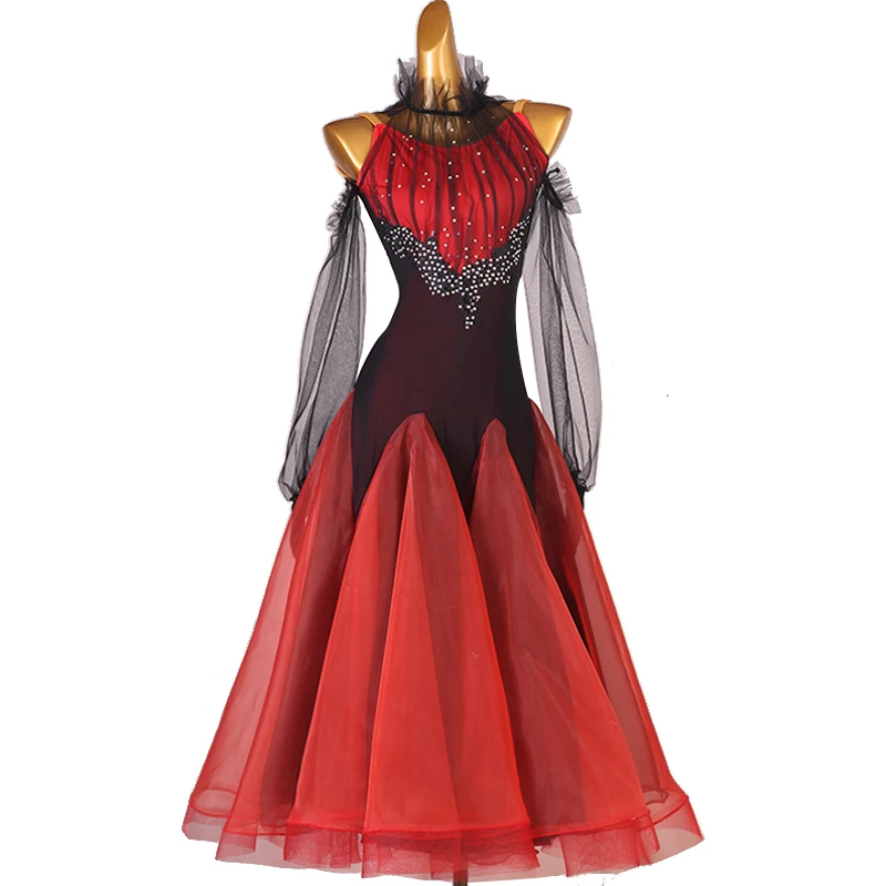 

Female Ballroom Tango Dancing Stage Costume Off-Shoulder Rhinestone Dress Red Standard Waltz Dance Competition Dresse YS4532