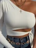 Women lady bandage slim tee tops long sleeve one-shoulder bow-tie elastic solid T Shirt cold shoulder sexy crop top Club Street 3