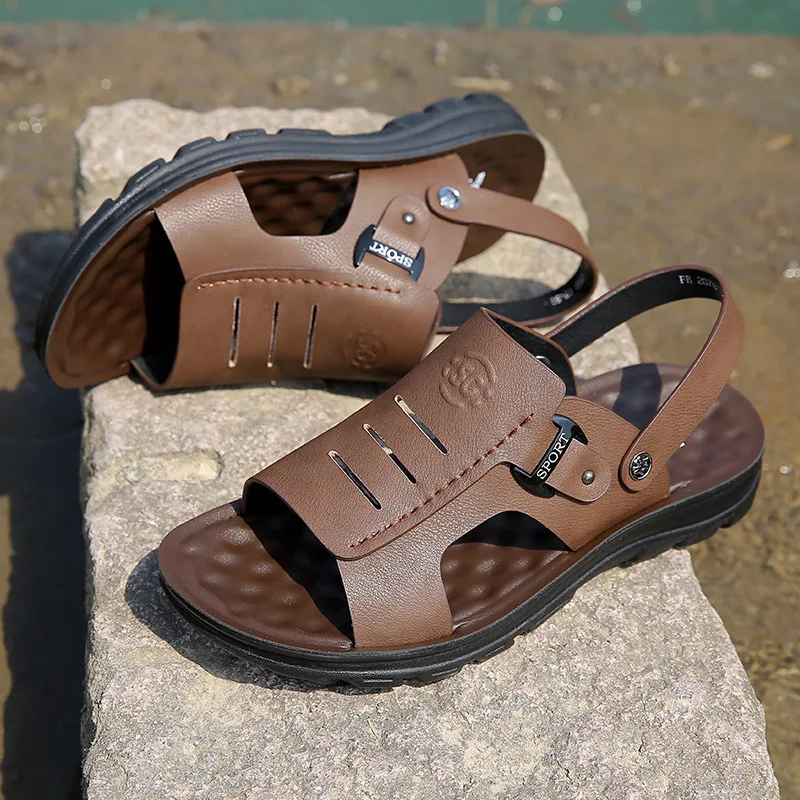 

Brown Beach Sandals Men Shoes Leather Man Sandals 2022 Summer Designer Beach Shoes Man Black Dad Sandals Man
