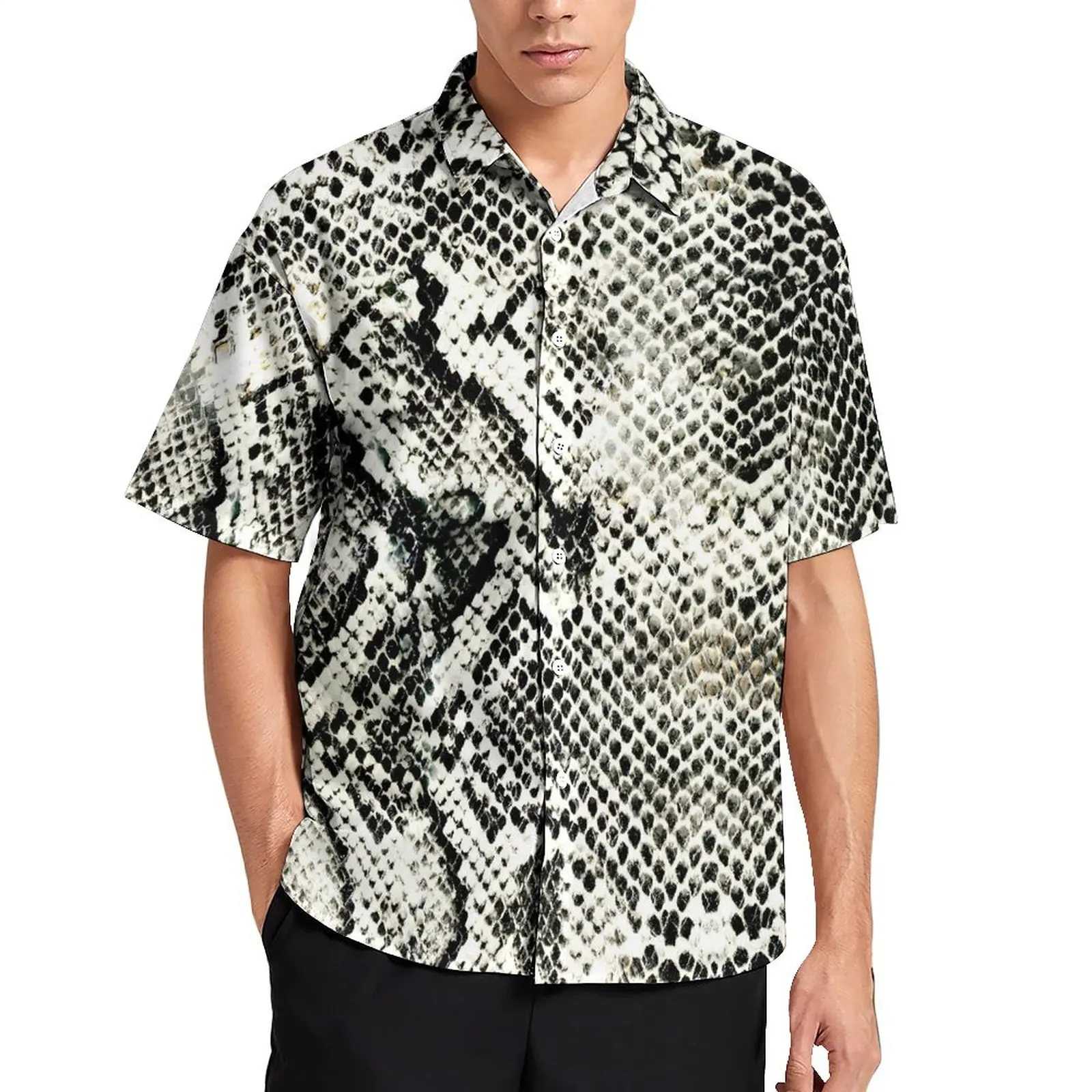 

White Snakeskin Loose Shirt Male Vacation Animal Print Casual Shirts Hawaiian Graphic Short Sleeve Cool Oversized Blouses